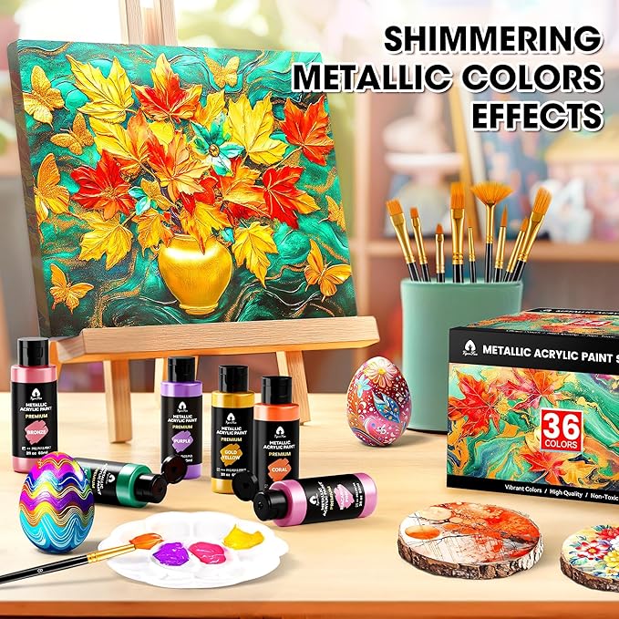 52 Pcs Metallic Acrylic Paint Set with 12 Brushes, 2 Knives & Palette, 36 Colors (2oz/60ml) - for Adults, Kids, Artists & Beginners - Canvas Ceramic Rock Wood Pumpkin Painting Kit