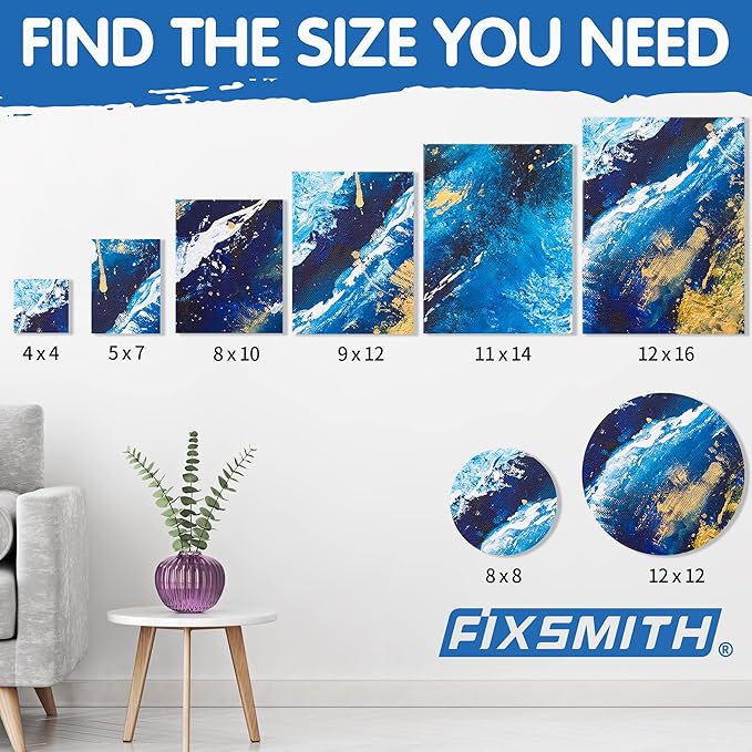 FIXSMITH 24 Pack Stretched Canvases, Multi Pack - 4x4, 5x7, 8x10, 9x12, 11x14, 12x16, Round Canvas 12x12, 8x8 (3 of Each), 100% Cotton, Primed Canvases for Acrylic, Oil, Wet or Dry Art Media…