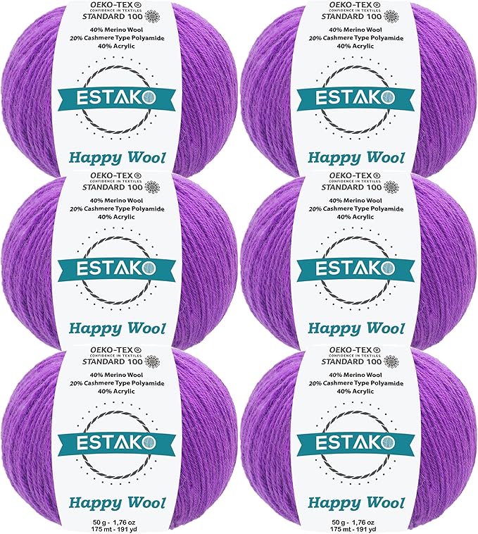 Estako Happy Wool (6 Skeins Pack) 40% Merino Wool 20% Cashmere Type Polyamide 40% Acyrlic Fingering Weight Soft Knitting and Crochet Yarn (6 x 1.76 oz) (6 x 191 yds) (8015 - Violet)