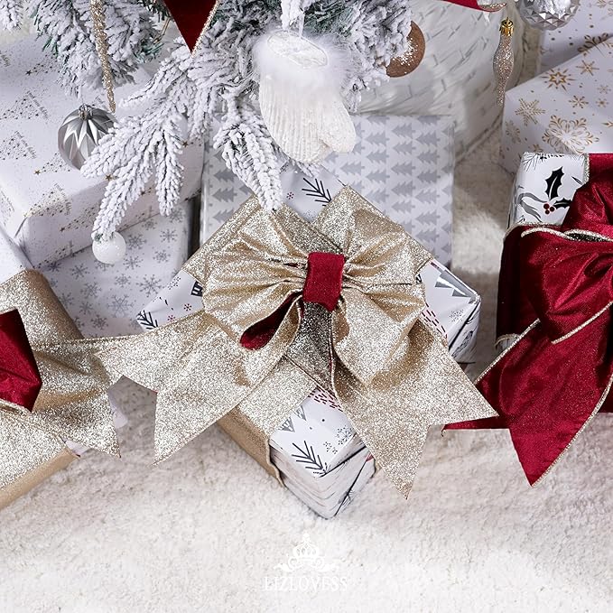 Burgundy Velvet Wired Ribbon with Glitter Back 4 Inch Burgundy and Gold Christmas Ribbon Wired Ribbon for Christmas Tree, Gift Wrapping, Mantel, Wreaths Supplies, Topper Bows (10 Yards)