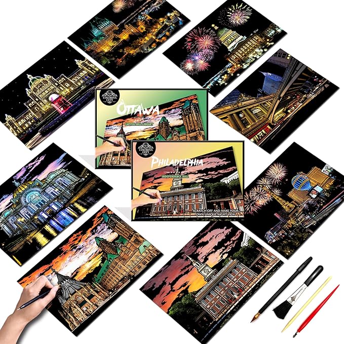 Scratch Art Painting Kit for Adults-8 Sheets A4 Rainbow Scratch Painting Paper Craft Set with City Landmarks|Stress Relief Gift for Travel&Craft Lovers|Scratch Art Home Decor(American Series)