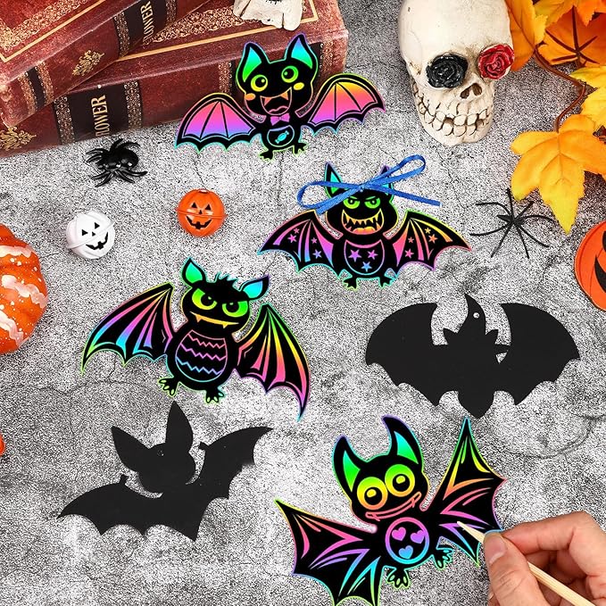 JULMELON 36Pcs Halloween Crafts, Rainbow Magic Halloween Scratch Art Paper Cute Bat Crafts School Classroom Activities Party Favors DIY Gifts