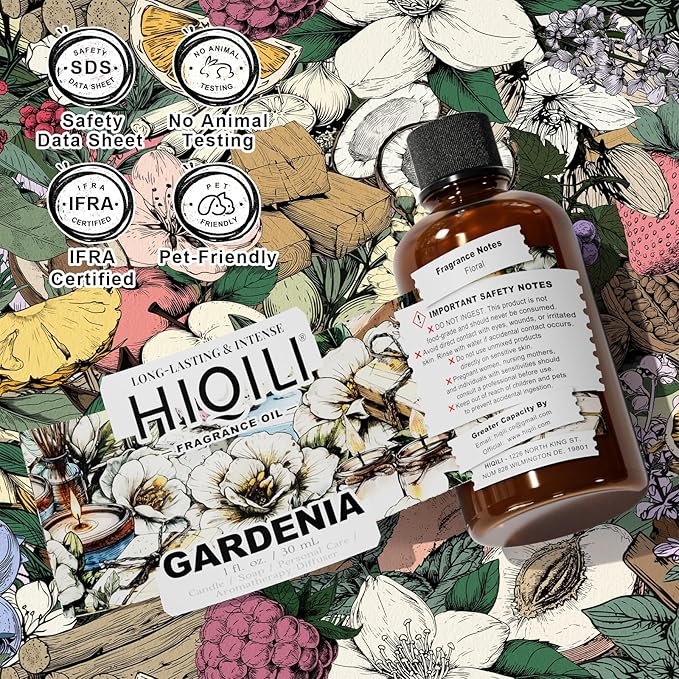 HIQILI Gardenia Fragrance Oil for DIY Candle, Soap & Perfume Making, Add to Essential Oil Diffuser, Body Wash, Long-Lasting - 1 Fl Oz