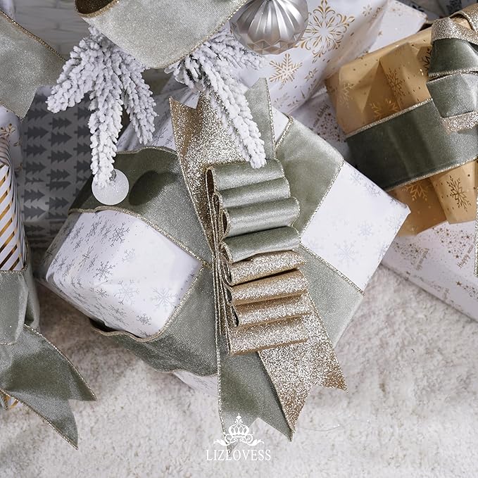 Sage Green Velvet Wired Ribbon with Glitter Back 2.5 Inch Green and Gold Christmas Ribbon Wired Ribbon for Christmas Tree, Gift Wrapping, Crafts, Wreaths Supplies, Topper Bows (10 Yards)