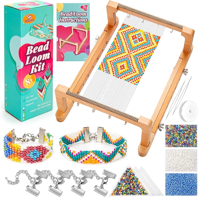 PP OPOUNT Adjustable Bead Loom Kit, Wood Loom Beading Supplies with Detailed Instructions, Practical Jewelry Making Accessories, Beading Loom Kits for Adults Jewelry Making Bracelets Belts