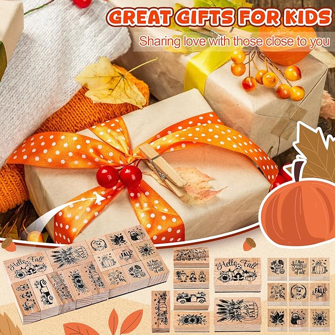 Marspark 22 Pcs Fall Wooden Rubber Stamps and Craft Ink Pads Set Mixed Fall DIY Craft Cards Wooden Rubber Stamps for Party Scrapbooking Cards Making Supplies Gift Decor