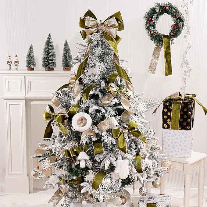 Moss Velvet Wired Ribbon with Glitter Back 2.5 Inch Green and Gold Christmas Ribbon Wired Olive Ribbon for Christmas Tree, Gift Wrapping, Crafts, Wreaths Supplies, Topper Bows (10 Yards)