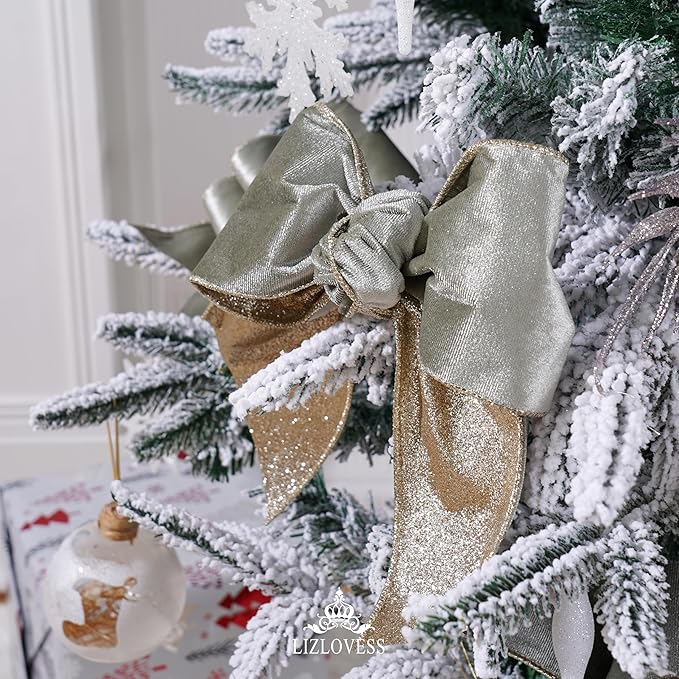 Sage Green Velvet Wired Ribbon with Glitter Back 4 Inch Green and Gold Christmas Ribbon Wired Ribbon for Christmas Tree, Gift Wrapping, Crafts, Wreaths Supplies, Topper Bows (10 Yards)