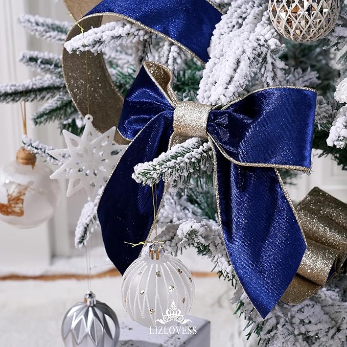 Blue Velvet Wired Ribbon with Glitter Back 2.5 Inch Navy Blue and Gold Christmas Ribbon Wired Ribbon for Christmas Tree, Gift Wrapping, Mantel, Wreaths Supplies, Topper Bows (10 Yards)
