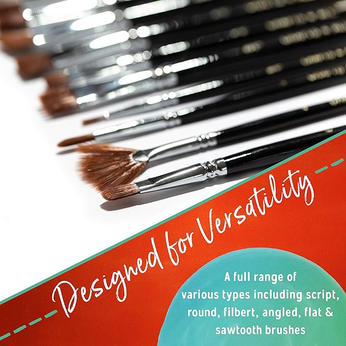 Crafts 4 All Acrylic Paint Brushes - Pack of 12 Professional, Wide and Fine Tip, Nylon Hair Artist Paintbrushes - Paintbrush Bulk Set for Watercolor, Canvas, Craft, Detail & Oil Painting