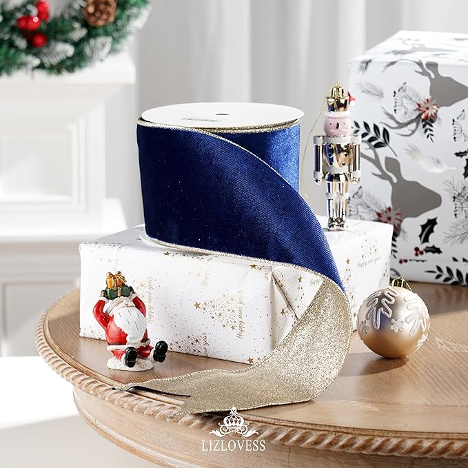 Blue Velvet Wired Ribbon with Glitter Back 4 Inch Navy Blue and Gold Christmas Ribbon Wired Ribbon for Christmas Tree, Gift Wrapping, Mantel, Wreaths Supplies, Topper Bows (10 Yards)