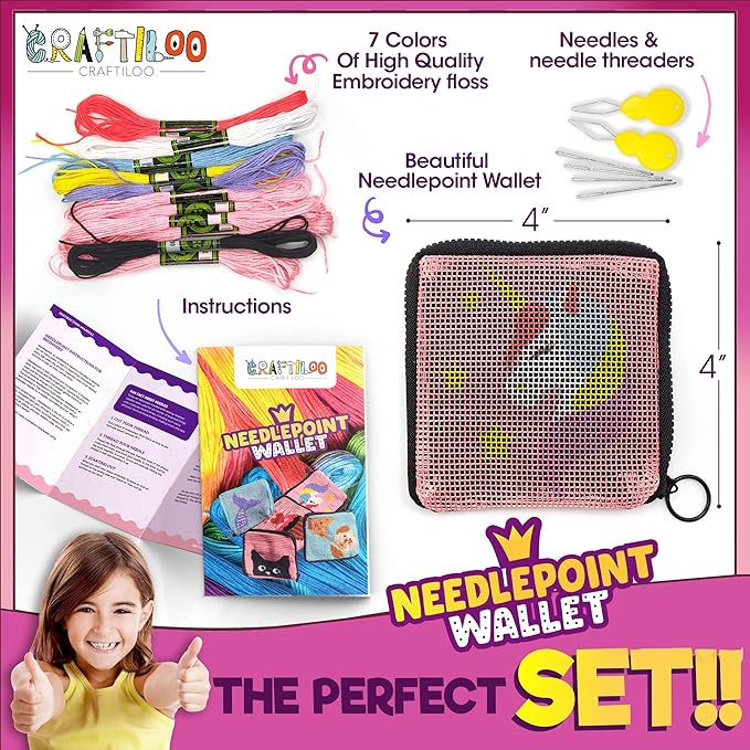 Pre Printed Needlepoint Wallet Kit for Kids Embroidery Arts and Crafts Set Cross Stitch Sewing Latch Hook Kit (Unicorn)