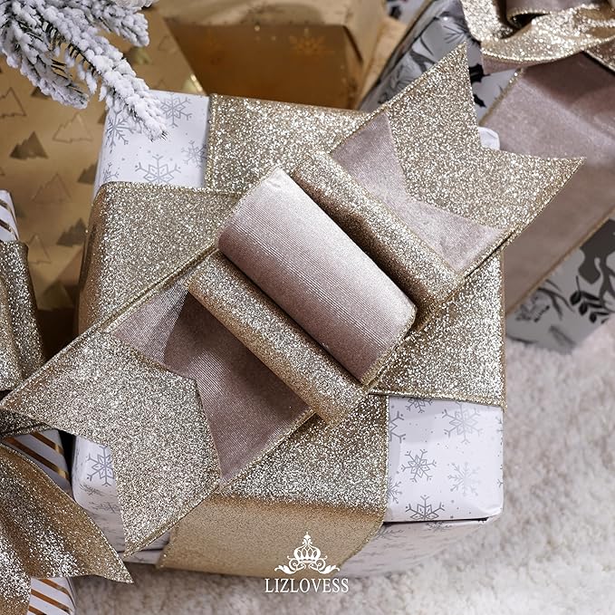 Taupe Velvet Wired Ribbon with Glitter Back 4 Inch Camel and Gold Christmas Ribbon Wired Taupe Ribbon for Christmas Tree, Gift Wrapping, Mantel, Wreaths Supplies, Topper Bows (10 Yards)