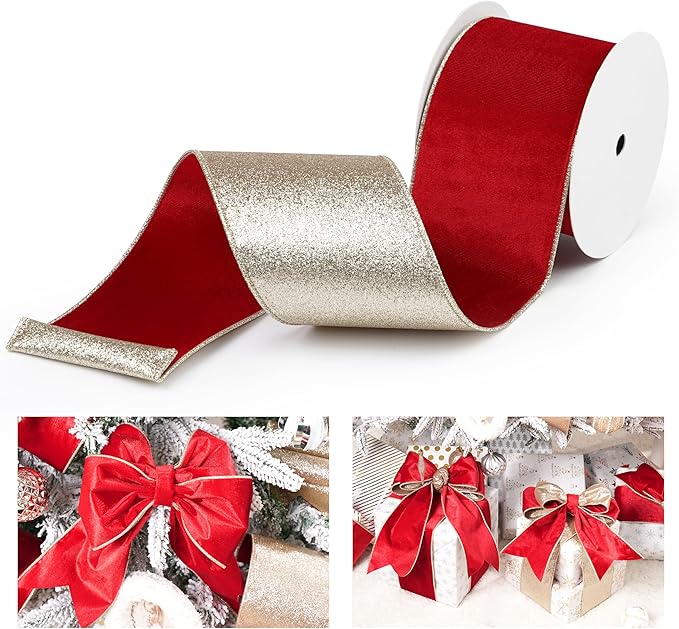 Red Velvet Wired Ribbon with Glitter Back 4 Inch Red and Gold Christmas Ribbon Wired Ribbon for Christmas Tree, Gift Wrapping, Mantel, Wreaths Supplies, Topper Bows (10 Yards)