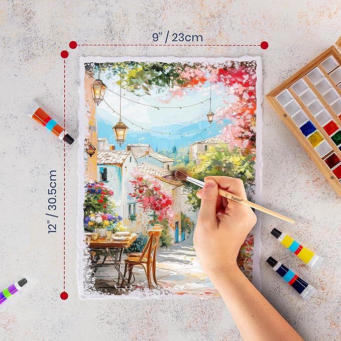 Wanderings Thick Handmade Watercolor Paper with Deckled Edge - 9x12-500GSM Premium White Cold-Pressed Textured Mixed Media Paper Made with Recycled Cotton - 15 Loose Leaf Sheets