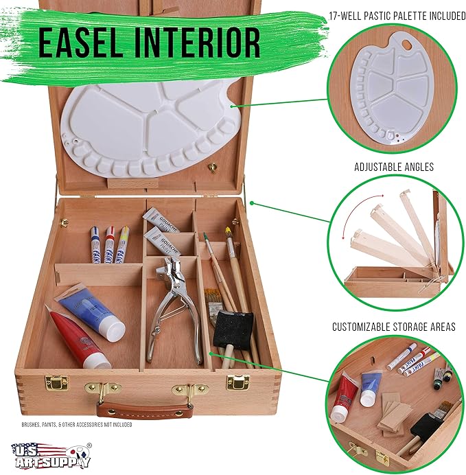U.S. Art Supply Newport Large Adjustable Wood Desktop Easel - Premium Beechwood Tabletop Drawing Easel with Storage, Paint Palette, Portable Easels for Painting, Drawing, Sketchbox