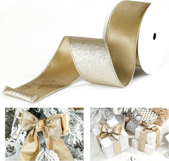 Khaki Velvet Wired Ribbon with Glitter Back 2.5 Inch Gold Christmas Ribbon Wired Reversible Ribbon for Christmas Tree Decorations, Gift Wrapping, Crafts, Wreaths Supplies, Bows (10 Yards)
