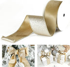 Khaki Velvet Wired Ribbon with Glitter Back 2.5 Inch Gold Christmas Ribbon Wired Reversible Ribbon for Christmas Tree Decorations, Gift Wrapping, Crafts, Wreaths Supplies, Bows (10 Yards)
