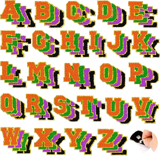 104 Pcs Halloween Patches Chenille Letter Patches Self Adhesive Halloween Stick on Patches for Clothing,A-Z Varsity Letter Stickers Embroidered Appliqué Sew on Patches for Hats Backpacks Jackets