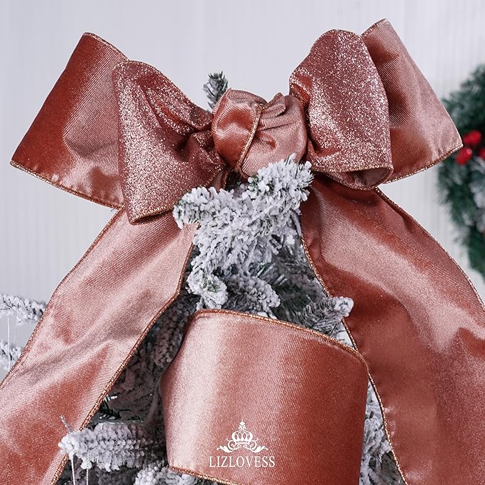 Rose Gold Velvet Wired Ribbon with Glitter Back 4 Inch Mauve Christmas Ribbon Wired Reversible Ribbon for Christmas Tree, Gift Wrapping, Crafts, Wreaths Supplies, Topper Bows (10 Yards)