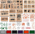 Marspark 22 Pcs Fall Wooden Rubber Stamps and Craft Ink Pads Set Mixed Fall DIY Craft Cards Wooden Rubber Stamps for Party Scrapbooking Cards Making Supplies Gift Decor