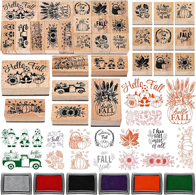 Marspark 22 Pcs Fall Wooden Rubber Stamps and Craft Ink Pads Set Mixed Fall DIY Craft Cards Wooden Rubber Stamps for Party Scrapbooking Cards Making Supplies Gift Decor