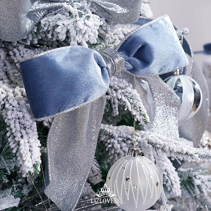 Dusty Blue Velvet Wired Ribbon with Glitter Back 2.5 Inch Blue and Silver Christmas Ribbon Wired Ribbon for Christmas Tree, Gift Wrapping, Mantel, Wreaths Supplies, Topper Bows (10 Yards)