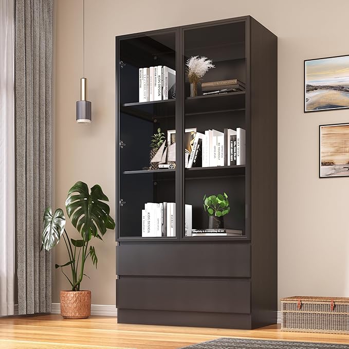 Wooden Display Cabinet with Glass Doors & 2 Drawers,LED Lights Glass Display Case,Showcase for Collections, Curio Cabinets, Bookcase and Glassdoor Display Cabinet(Black- 2 Drawers)