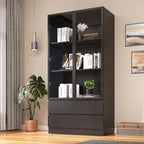 Wooden Display Cabinet with Glass Doors & 2 Drawers,LED Lights Glass Display Case,Showcase for Collections, Curio Cabinets, Bookcase and Glassdoor Display Cabinet(Black- 2 Drawers)