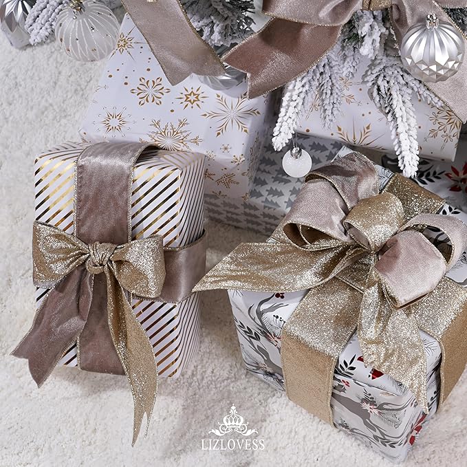 Taupe Velvet Wired Ribbon with Glitter Back 2.5 Inch Camel and Gold Christmas Ribbon Wired Taupe Ribbon for Christmas Tree, Gift Wrapping, Mantel, Wreaths Supplies, Topper Bows (10 Yards)