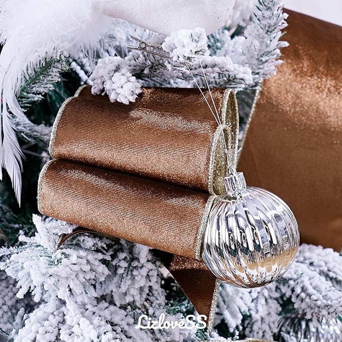 Brown Velvet Wired Ribbon with Glitter Back 4 Inch Camel Christmas Ribbon Wired Reversible Ribbon for Christmas Tree, Gift Wrapping, Crafts, Wreaths Supplies, Topper Bows (10 Yards)