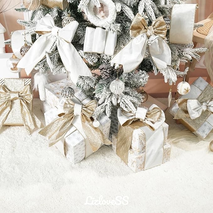 White Velvet Wired Ribbon with Glitter Back 4 Inch White and Gold Christmas Ribbon Wired Ribbon for Christmas Tree, Gift Wrapping, Mantel, Wreaths Supplies, Topper Bows (10 Yards)