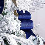 Blue Velvet Wired Ribbon with Glitter Back 2.5 Inch Navy Blue and Gold Christmas Ribbon Wired Ribbon for Christmas Tree, Gift Wrapping, Mantel, Wreaths Supplies, Topper Bows (10 Yards)