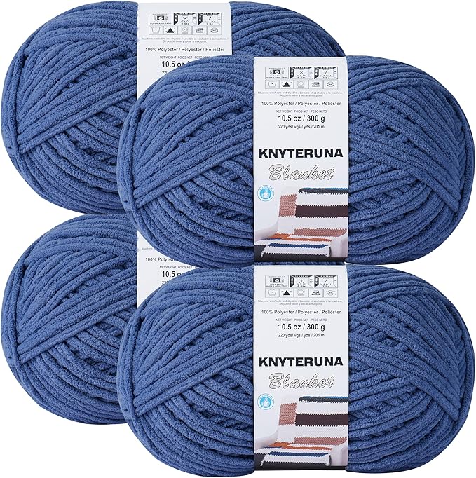 #6 Super Bulky Blanket Yarn for Crocheting - 4 Skeins(Each 10.5oz/300g, 220yds/201m), Chunky Chenille Thick Plush Big Soft Yarn for Crocheting Knitting Blankets, Country Blue