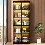 Wooden Display Storage Cabinet with Glass Door, LED Lights,Showcase for Collections, Perfume, Vinyl Albums, Bookcase for Home Office, Living Room, Clinic, Pantry (5 Layers-Black)