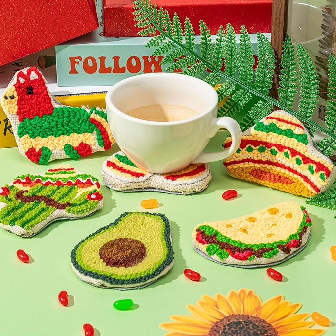 WATINC Christmas Punch Needle Coaster Kits - 23Pcs Easy Art Work Decor Craft Supply for Beginners, DIY Set of 6 Pattern Tufted Pads with Adhesive Felt Yarns Tools Coaster Holder Instruction (Green)