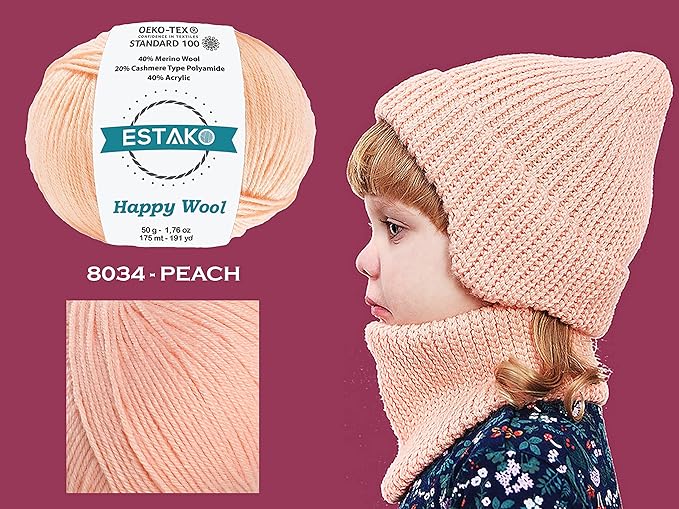 Estako Happy Wool (2 Skeins Pack) 40% Merino Wool 20% Cashmere Type Polyamide 40% Acyrlic Fingering Weight Soft Knitting and Crochet Yarn (2 x 1.76 oz) (2 x 191 yds) (8012 - Yellow)