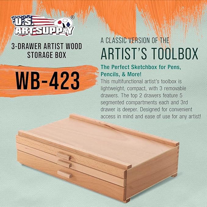 U.S. Art Supply 3-Drawer Artist Tool Supply Box with 5 Compartments per Drawer - Hardwood Art Box for Artist Supplies, Brushes, Pencils, Erasers, Tool Storage Organizer Case