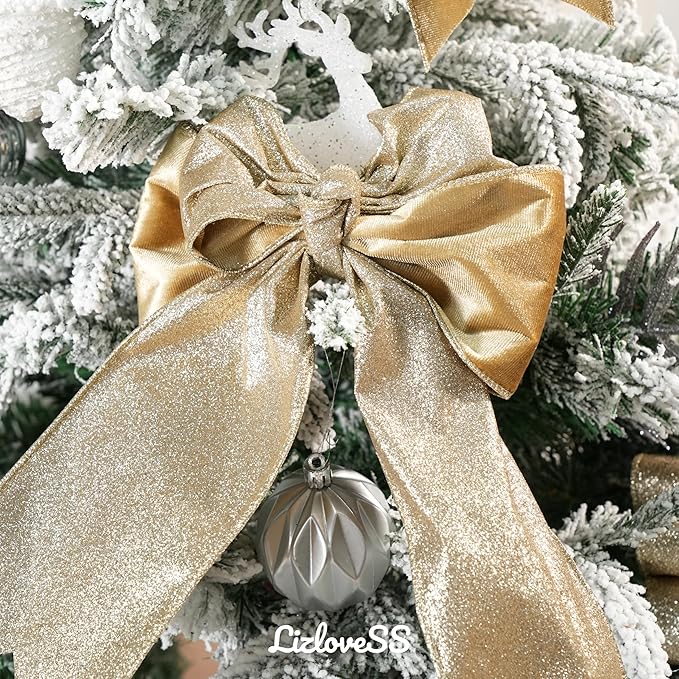 Khaki Velvet Wired Ribbon with Glitter Back 4 Inch Gold Christmas Ribbon Wired Camel Ribbon for Christmas Tree Decorations, Gift Wrapping, Crafts, Wreaths Supplies, Bows (10 Yards)