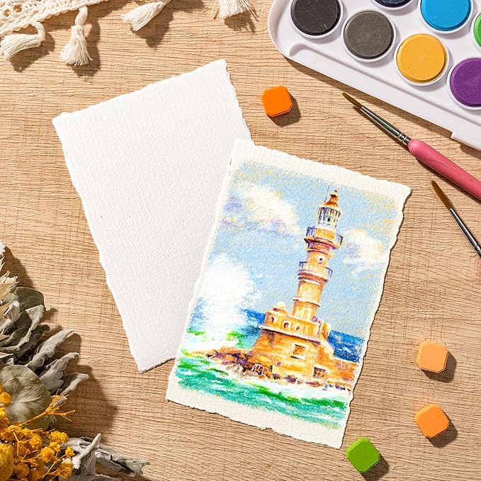 100 Sheets Watercolor Paper 4 x 6inch, 300 GSM Deckled Edge Paper Rough/Textured Handmade Paper for Watercolors, Wedding Invitations, Cards, Crafts