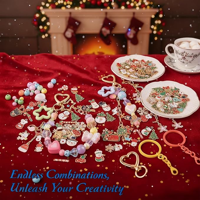 Christmas DIYJewelry Making Set 364 Pieces – Includes 156 Charms, 150 Jump Rings, 25 Extender Chains, 20 Keychains, 10 Crimp Tubes, 3-Inch Beading Wire, Support Ring & Jewelry Pliers(for parents)