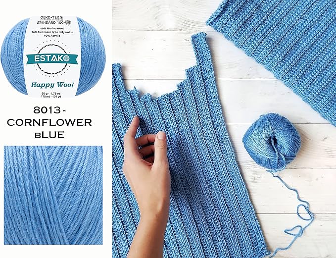 Estako Happy Wool (2 Skeins Pack) 40% Merino Wool 20% Cashmere Type Polyamide 40% Acyrlic Fingering Weight Soft Knitting and Crochet Yarn (2 x 1.76 oz) (2 x 191 yds) (8018 - Grey)