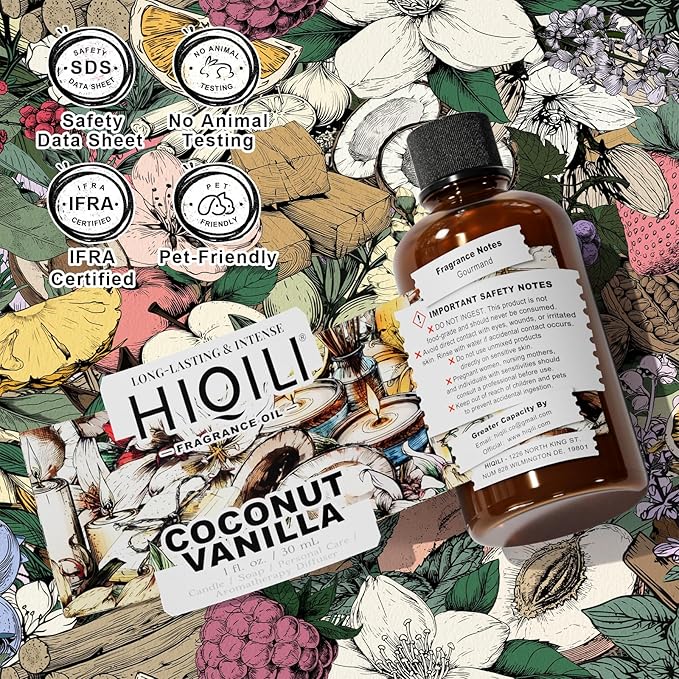 HIQILI Coconut Vanilla Fragrance Oil - for Candle Making, Soap Making, Essential Oil for Diffuser, Humidifier, Home& Hotel & Car Use - 1 Fl Oz