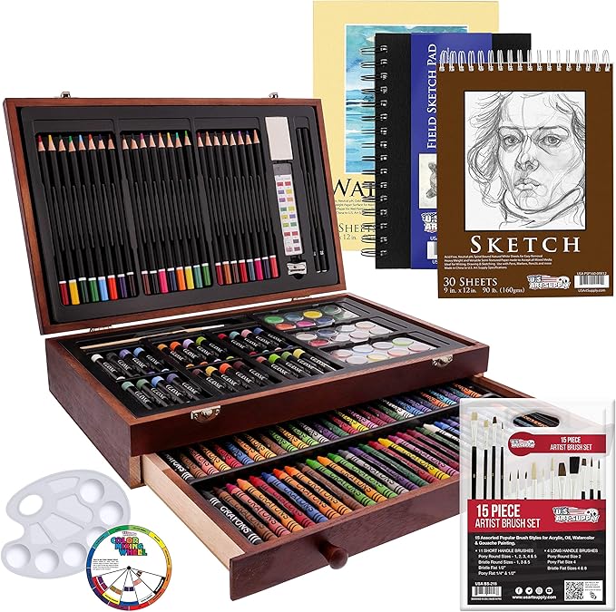 U.S. Art Supply 162-Piece Mega Wood Box Artist Kit with Painting, Drawing & Art Supplies for Adults - 24 Each (Watercolors, Oil Pastels, Pencils), 60 Crayons & 2 Brushes - Art Kit for Adults, Gift Set