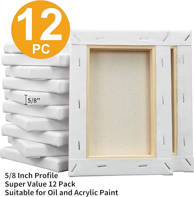 FIXSMITH Stretched White Blank Canvas- 5x7 Inch,Bulk Pack of 12,Primed,100% Cotton,5/8 Inch Profile of Super Value Pack for Acrylics,Oils & Other Painting Media.