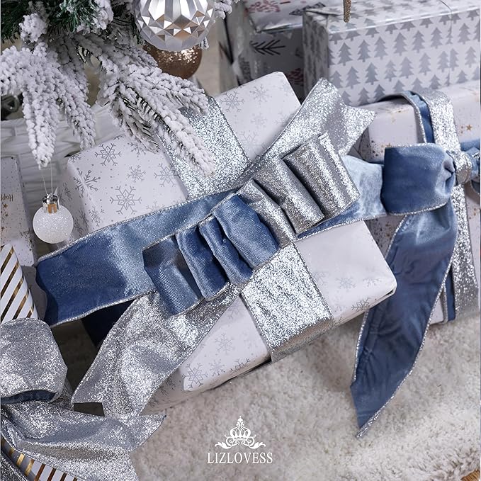 Dusty Blue Velvet Wired Ribbon with Glitter Back 2.5 Inch Blue and Silver Christmas Ribbon Wired Ribbon for Christmas Tree, Gift Wrapping, Mantel, Wreaths Supplies, Topper Bows (10 Yards)