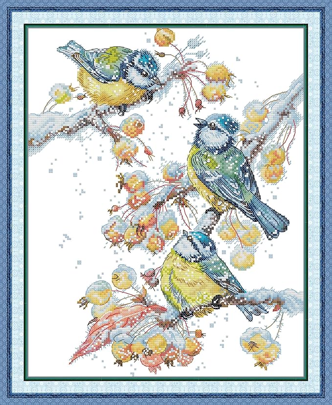 Threadhaven Counted Cross-Stitch Kit 14CT Aida Fabric with Threads, Needles & Guide | Animal Sewing Pattern Embroidery Kit for Adults | Premium DIY Craft Kit- Three snowbirds. 12.6''×14.9''
