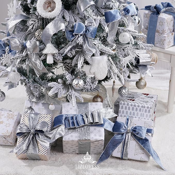 Dusty Blue Velvet Wired Ribbon with Glitter Back 2.5 Inch Blue and Silver Christmas Ribbon Wired Ribbon for Christmas Tree, Gift Wrapping, Mantel, Wreaths Supplies, Topper Bows (10 Yards)