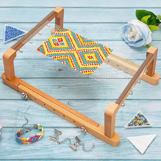 PP OPOUNT Adjustable Bead Loom Kit, Wood Loom Beading Supplies with Detailed Instructions, Practical Jewelry Making Accessories, Beading Loom Kits for Adults Jewelry Making Bracelets Belts