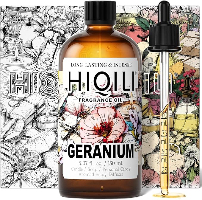 HIQILI Geranium Fragrance Oil for Home Diffuser, Relaxation, Essential Oil for Candle & Soap Making, Long-Lasting Scents, Car Freshies - 5.07 Fl Oz